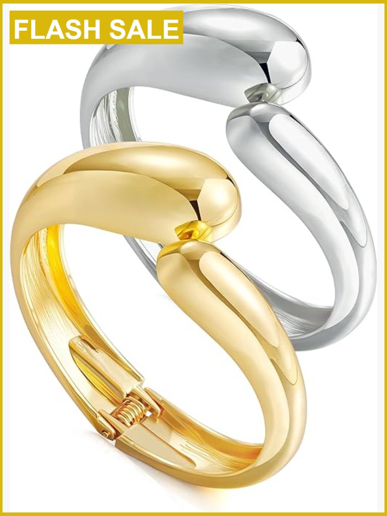 14k Gold Plated Dainty Thick Chunky Cuff Bracelet Stack Set Of 2